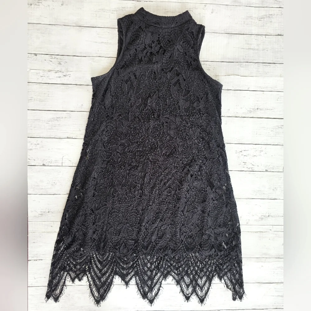 Love Fire Black Soft Lace Tank Dress Mock Neck Asymmetrical Lace Crochet - Picture 2 of 10